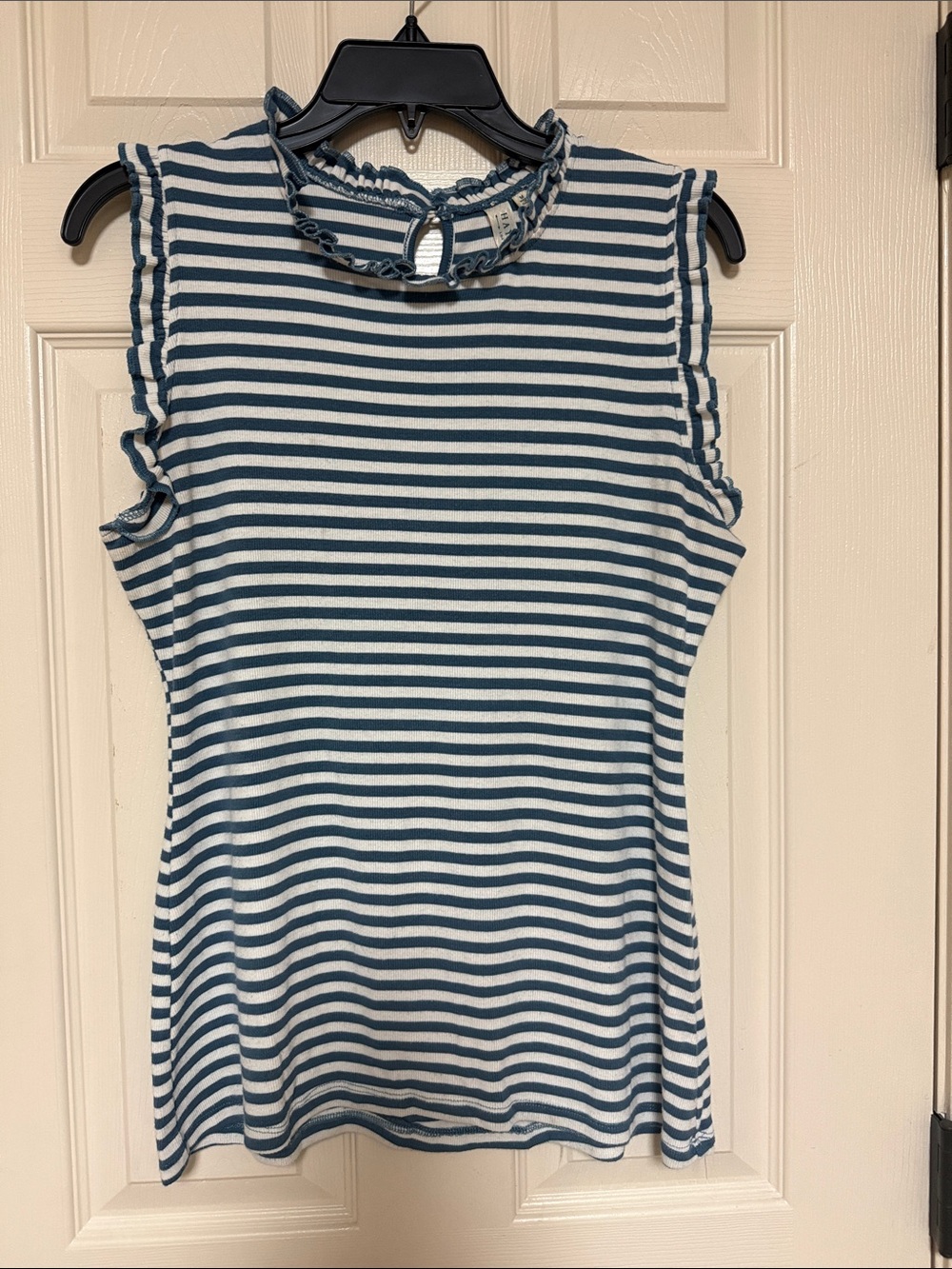 Hayden Blue & White Striped Ruffle Mock-Neck Tank